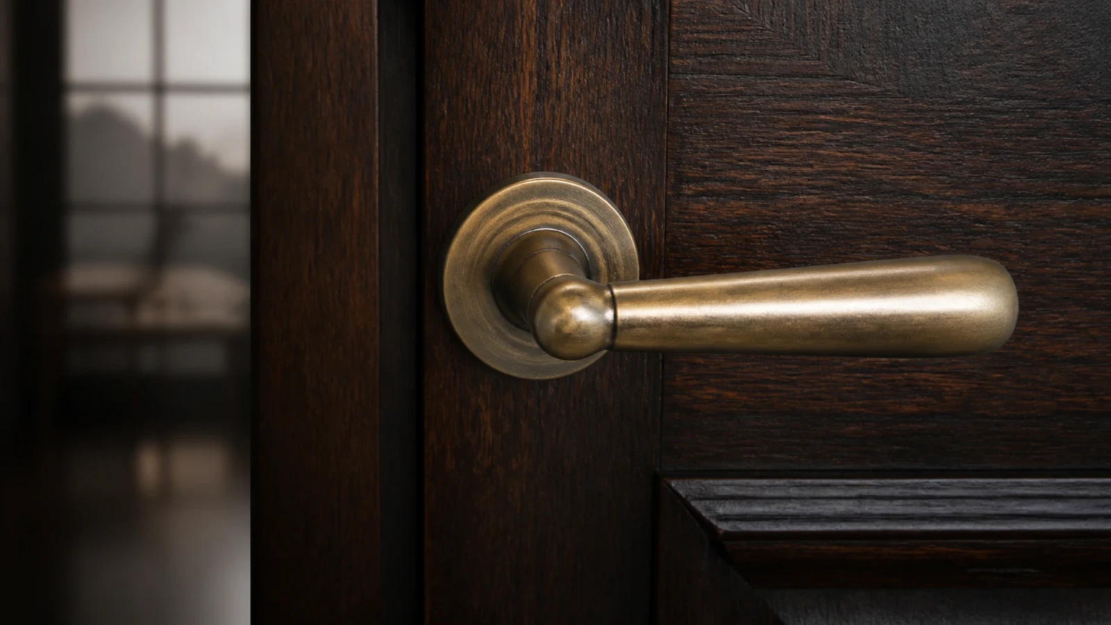 Poignée de porte en laiton patiné sur une porte de bureau en bois foncé