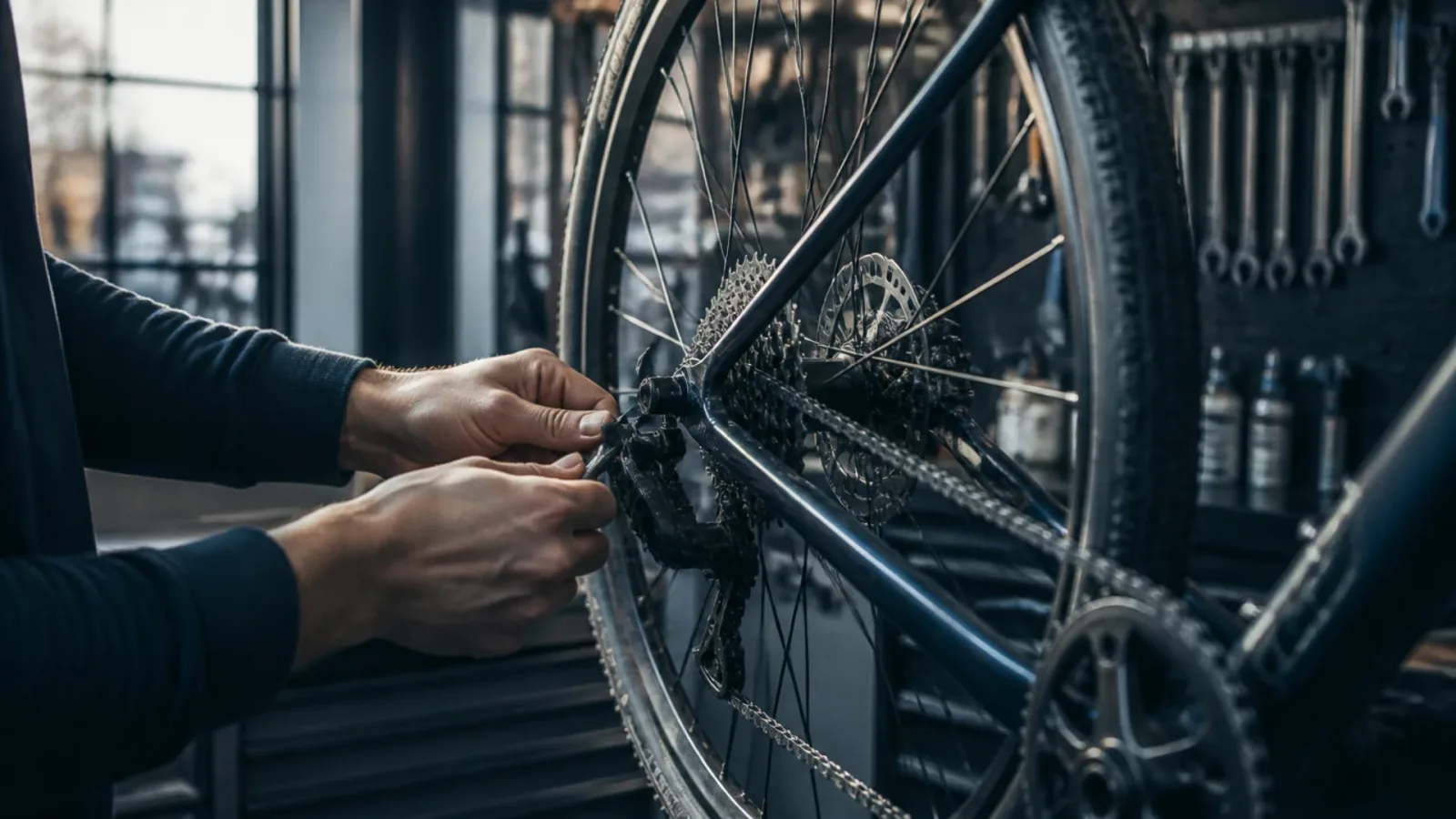 Mains d'un artisan réglant un vélo dans son magasin de cycles, cas typique de cession entreprise individuelle
