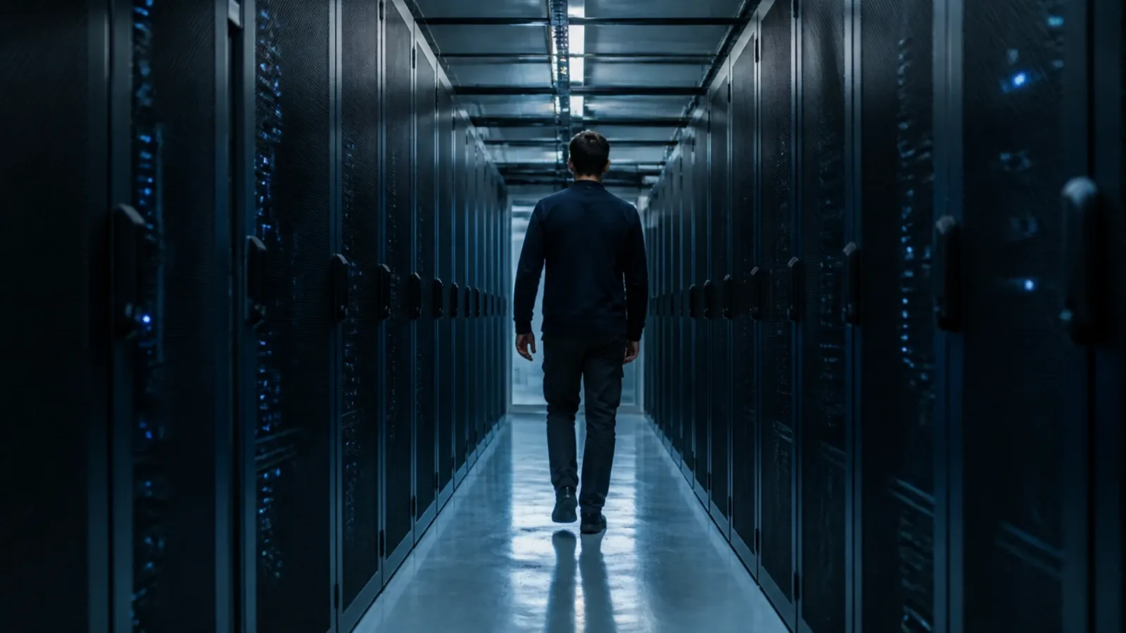Technicien de dos dans une allée de serveurs, infrastructure exploitée au titre d'un contrat infogérance