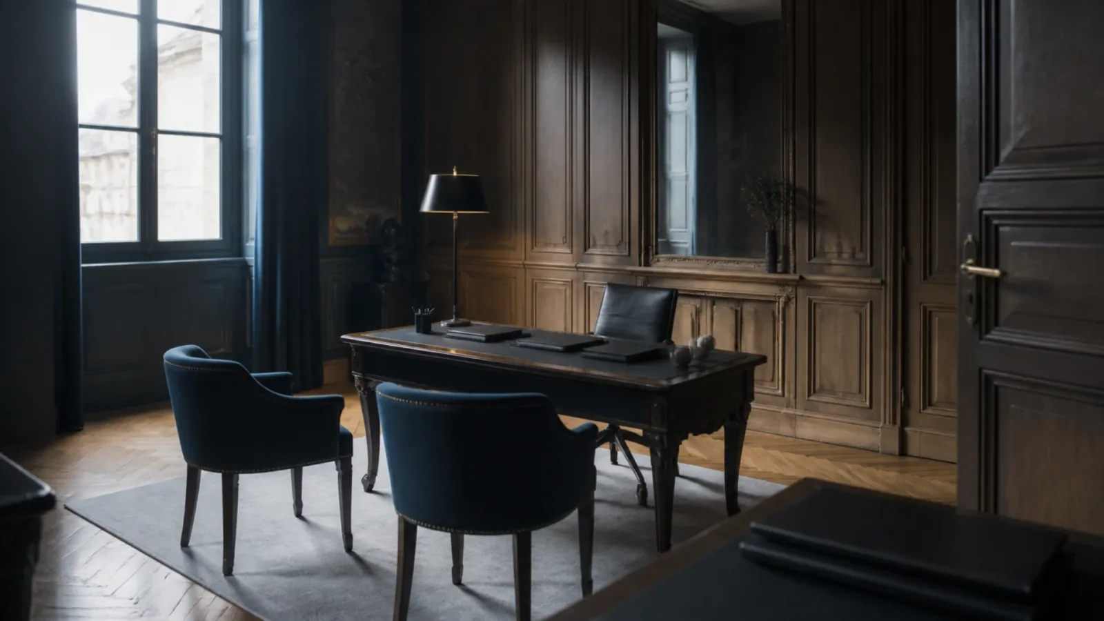 Bureau d'étude notariale aux fauteuils vides, lieu de signature d'un mandat à effet posthume pour un dirigeant
