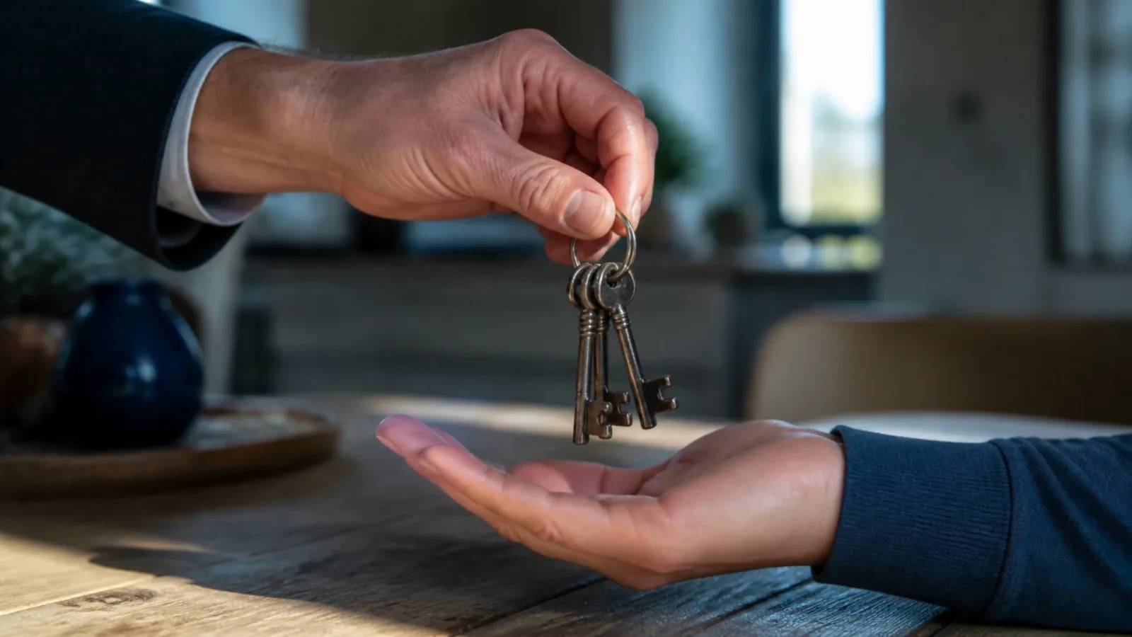 Main âgée remettant des clés à une main plus jeune, geste familial préalable à une donation avant cession