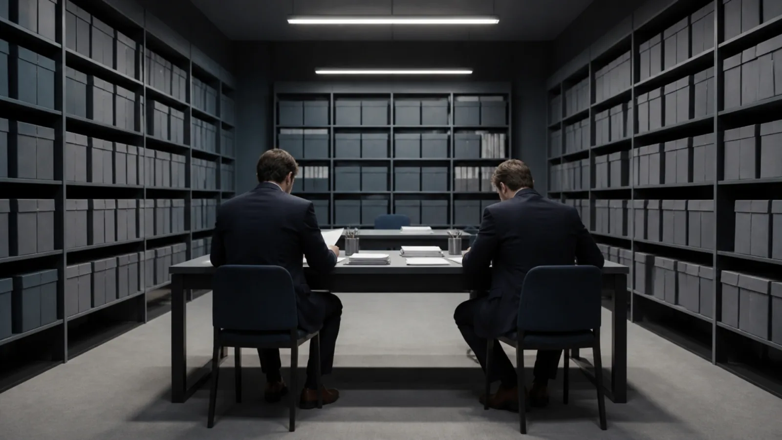 Auditeurs de dos dans une salle d'archives, examen des pièces lors d'une due diligence acquisition