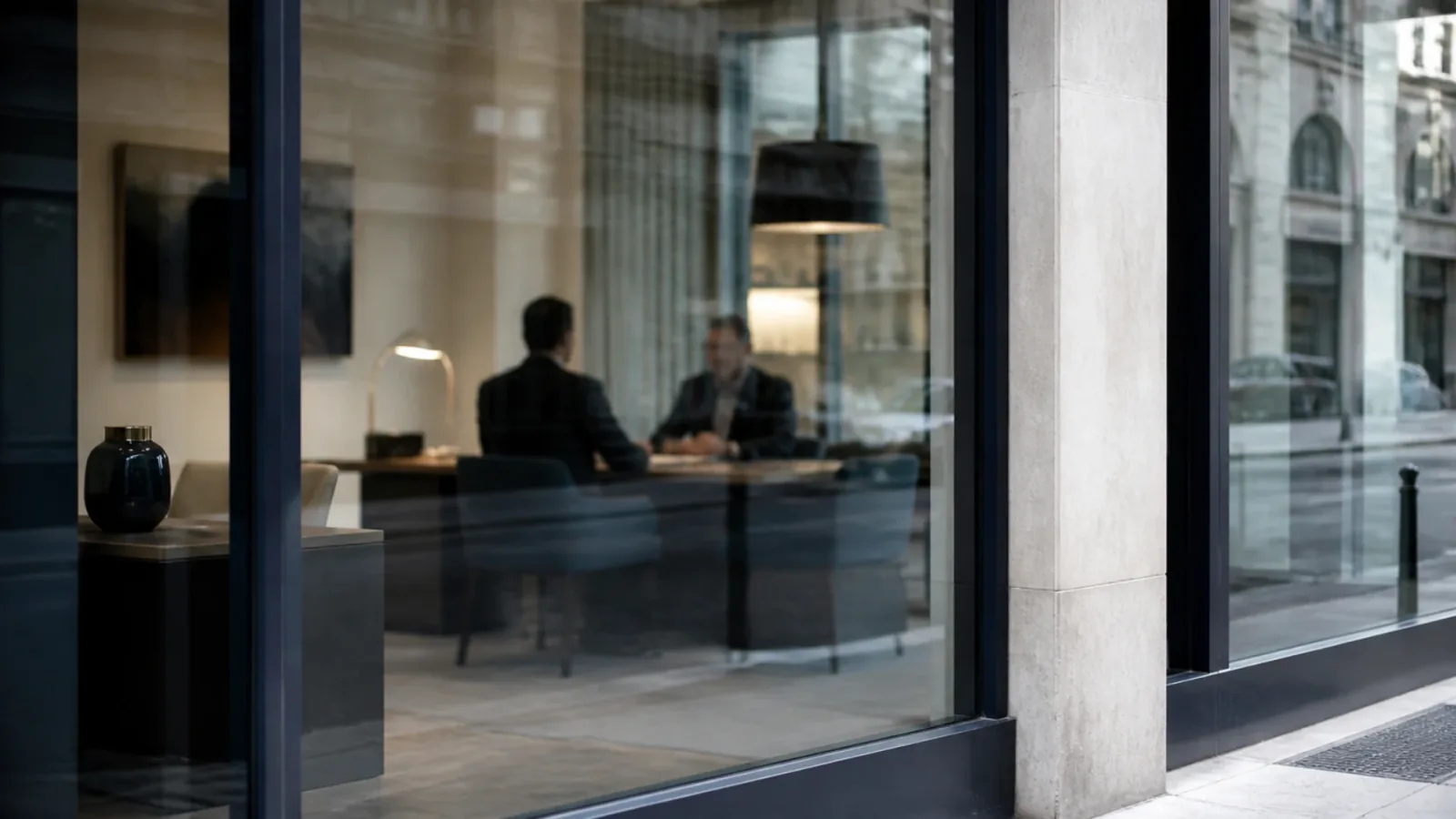 Rendez-vous dans une agence bancaire vu depuis la rue, étape clé pour savoir comment financer le rachat d'une entreprise