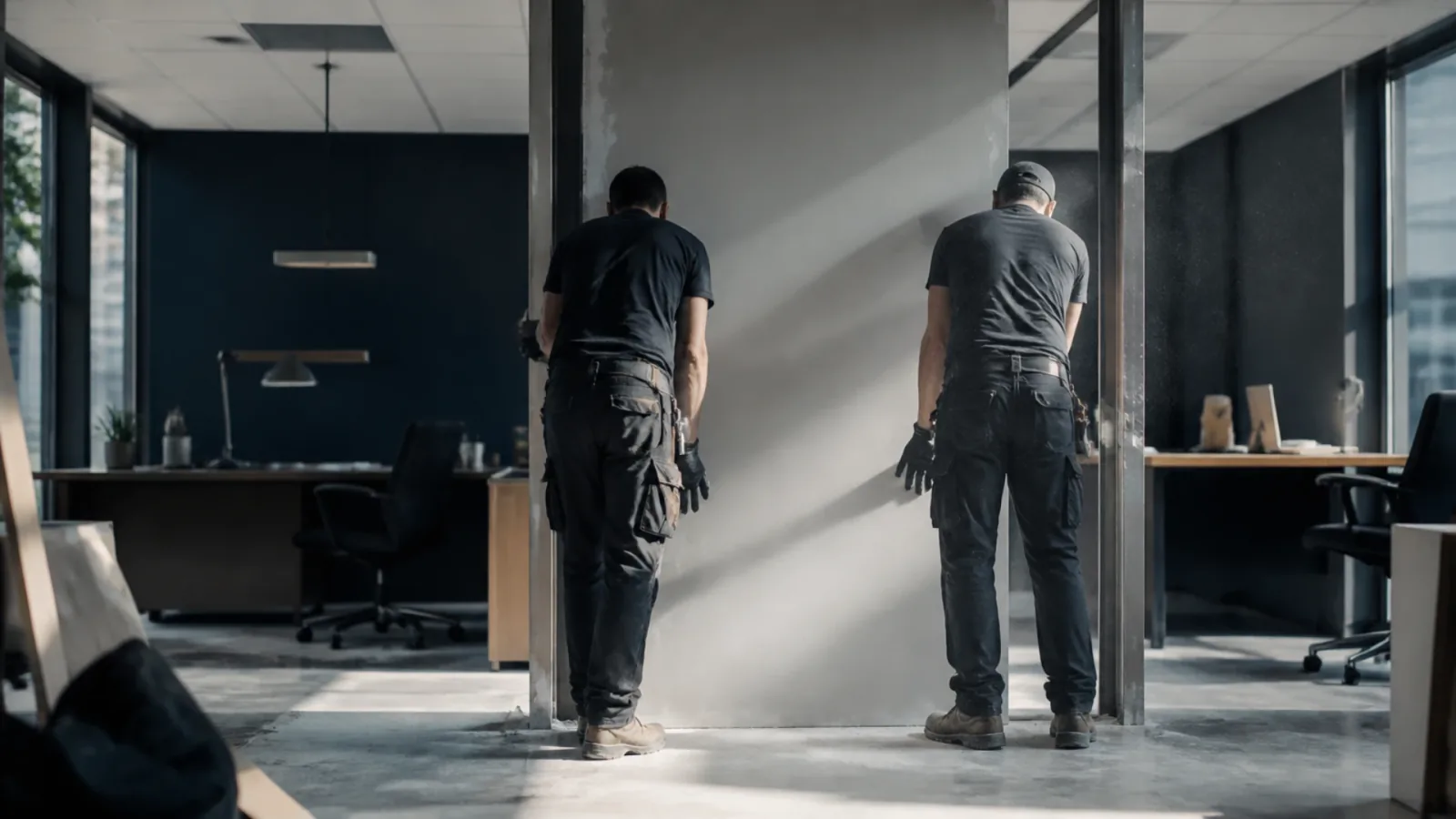 Ouvriers abattant une cloison entre deux bureaux, image concrète d'une fusion absorption entre deux sociétés