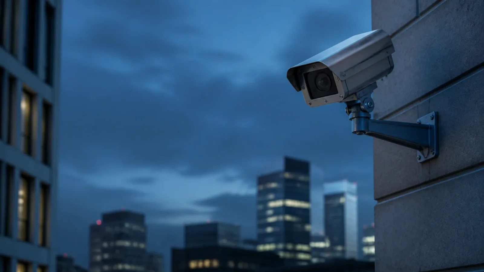 Caméra de surveillance sur une façade au crépuscule ; aucun classement de société de télésurveillance n'est officiel