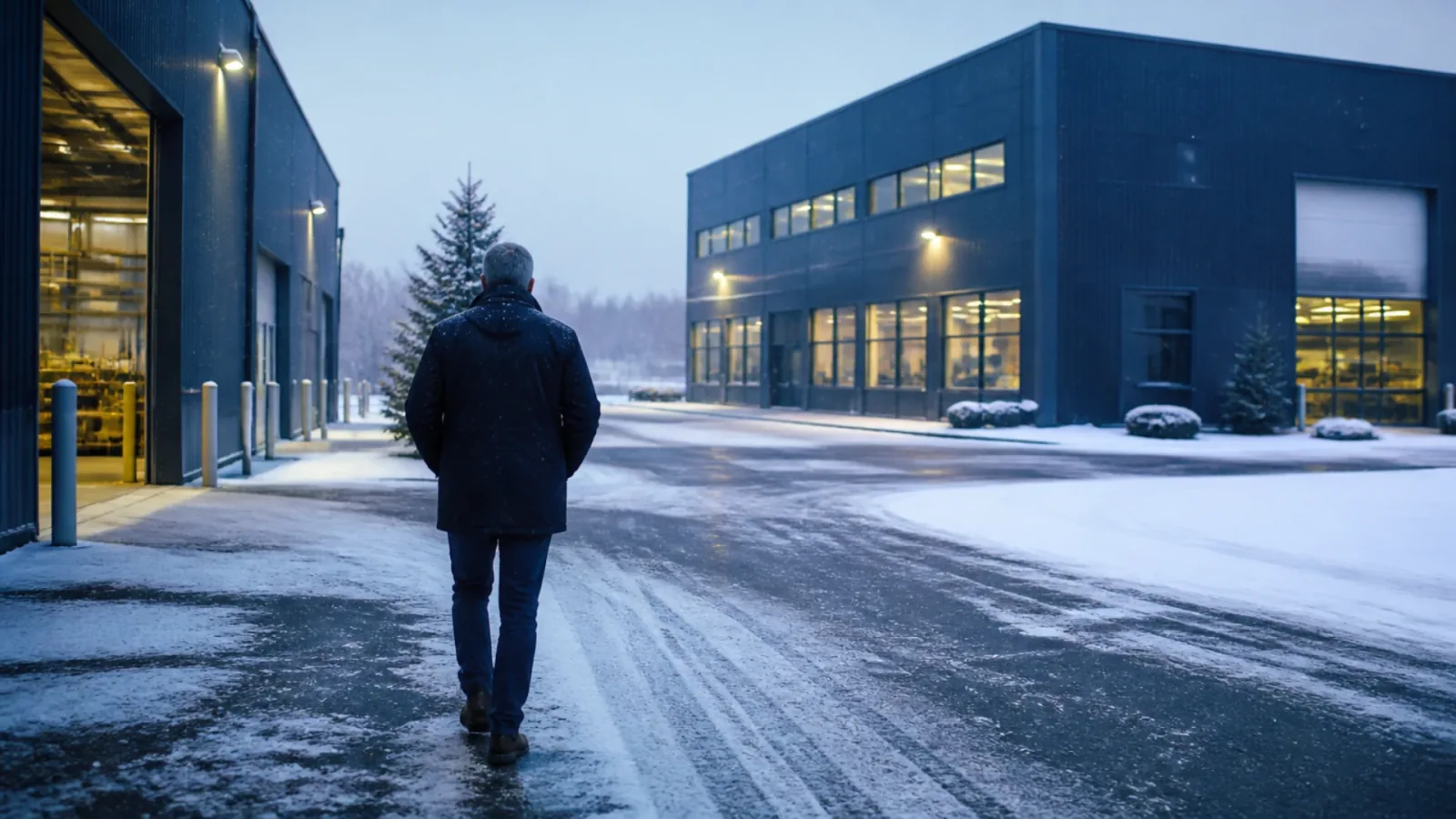 Dirigeant traversant la cour de son usine sous la neige, resté aux commandes après un owner buy out