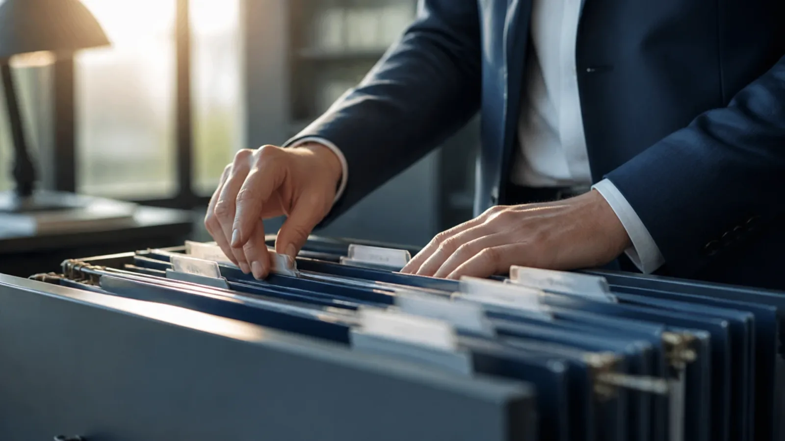 Mains parcourant les dossiers clients d'un cabinet de courtage, base du prix de vente d'un portefeuille d'assurances