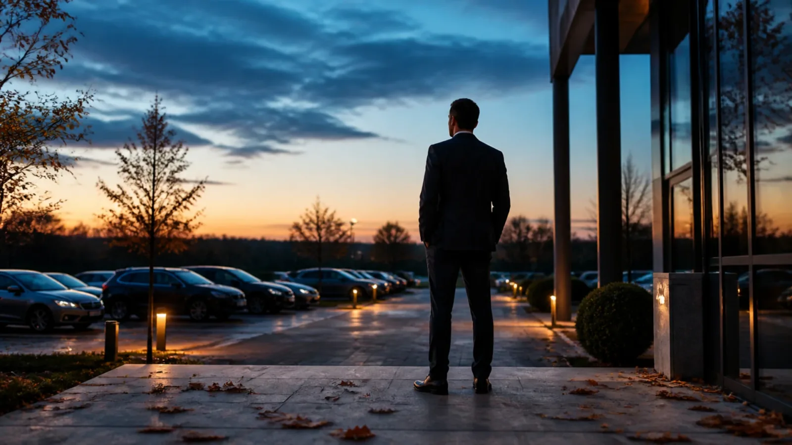 Dirigeant de dos face à son entreprise un soir d'automne, au moment de décider quand vendre son entreprise