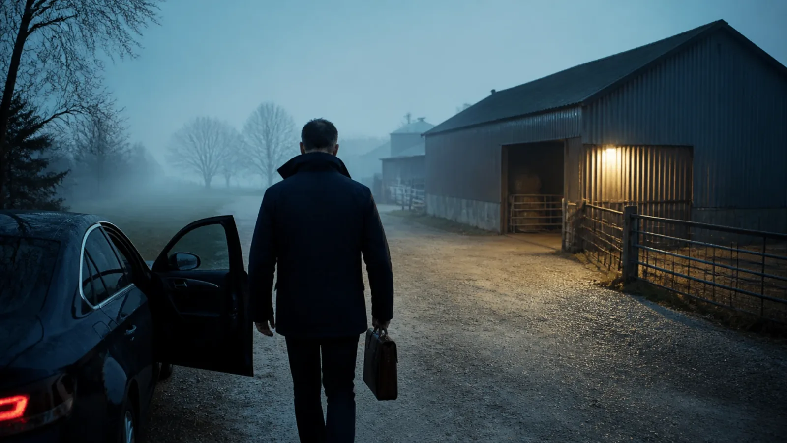 Courtier de dos arrivant chez un client agricole à l'aube, premiers jours après un achat portefeuille assurance