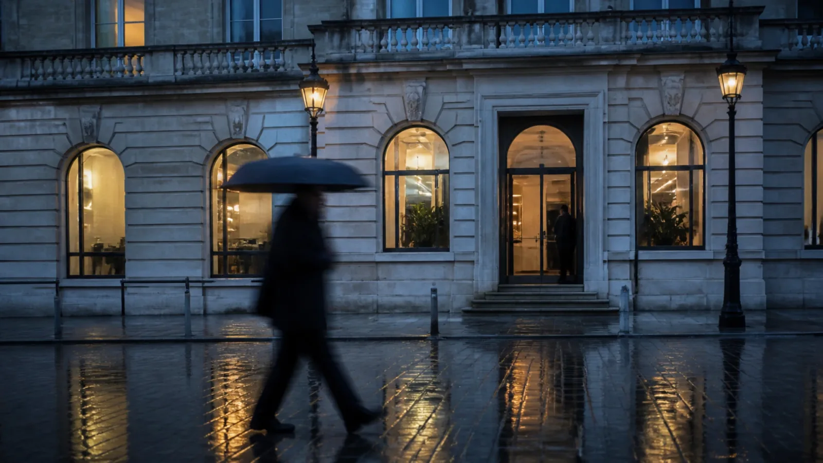 Façade de banque régionale sous la pluie, établissement qui délivre une garantie à première demande au cédant