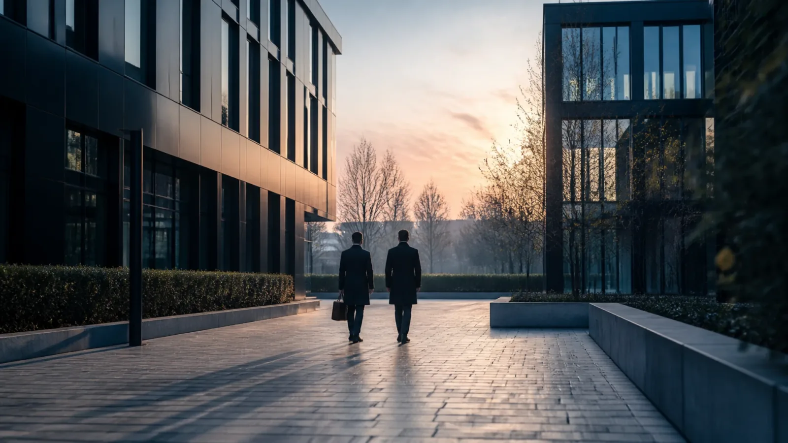 Deux silhouettes traversant une cour au petit matin, jour du closing qui suit le signing de la cession