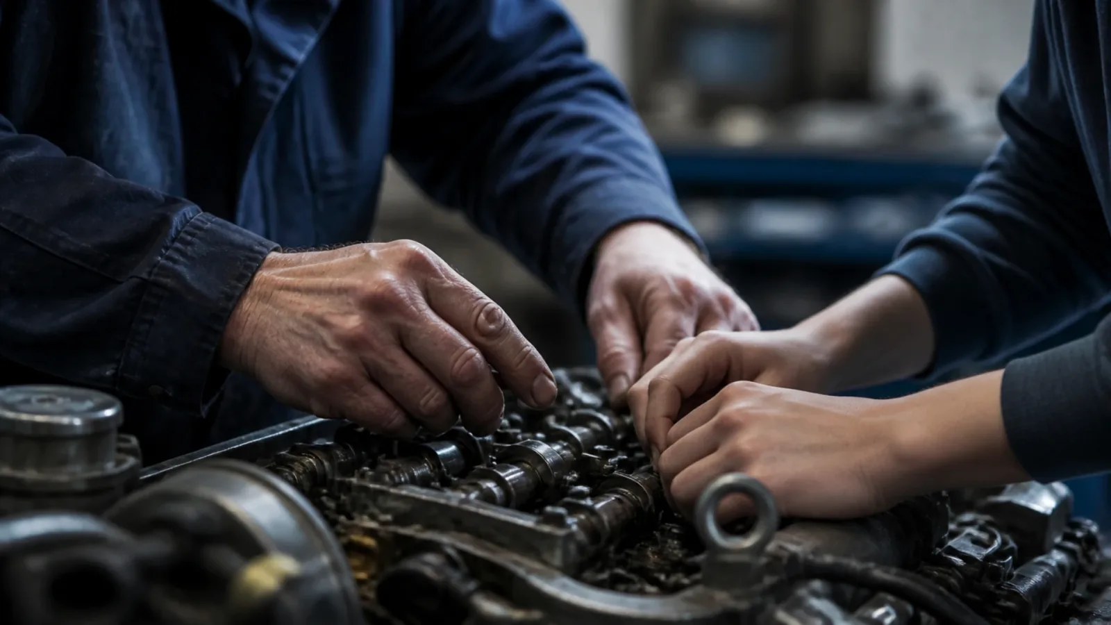 Mains âgées guidant des mains jeunes dans un garage familial, symbole de la transmission entreprise père fils
