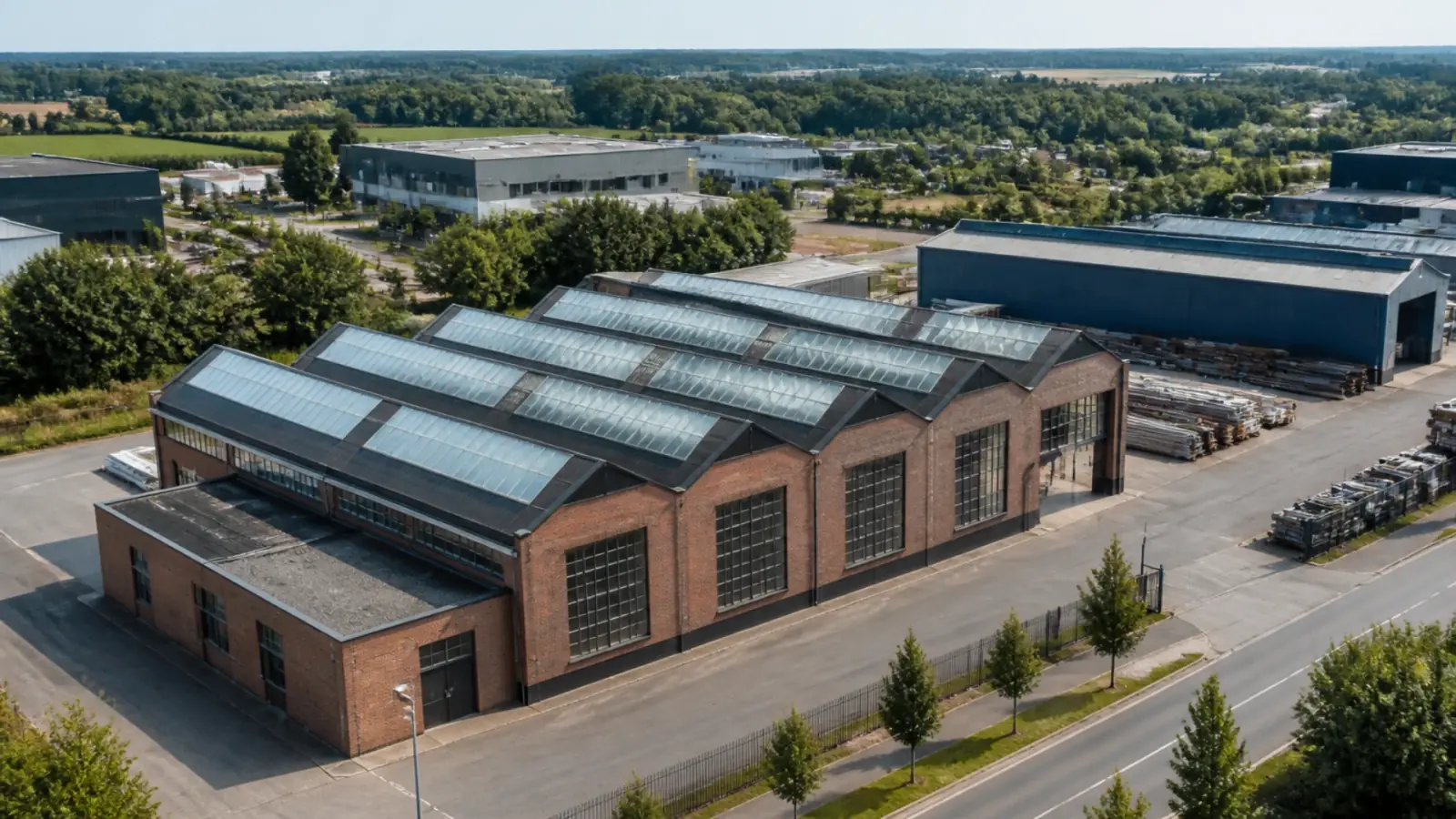 Bâtiment industriel et terrain vus du ciel, actifs à réévaluer pour estimer la valeur d'une société d'après le bilan