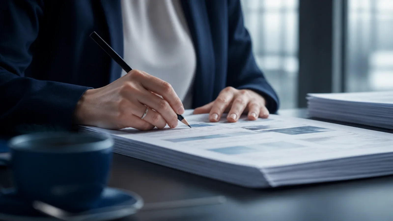 Mains d'une auditrice annotant des liasses, travail commandé par le cédant dans une vendor due diligence