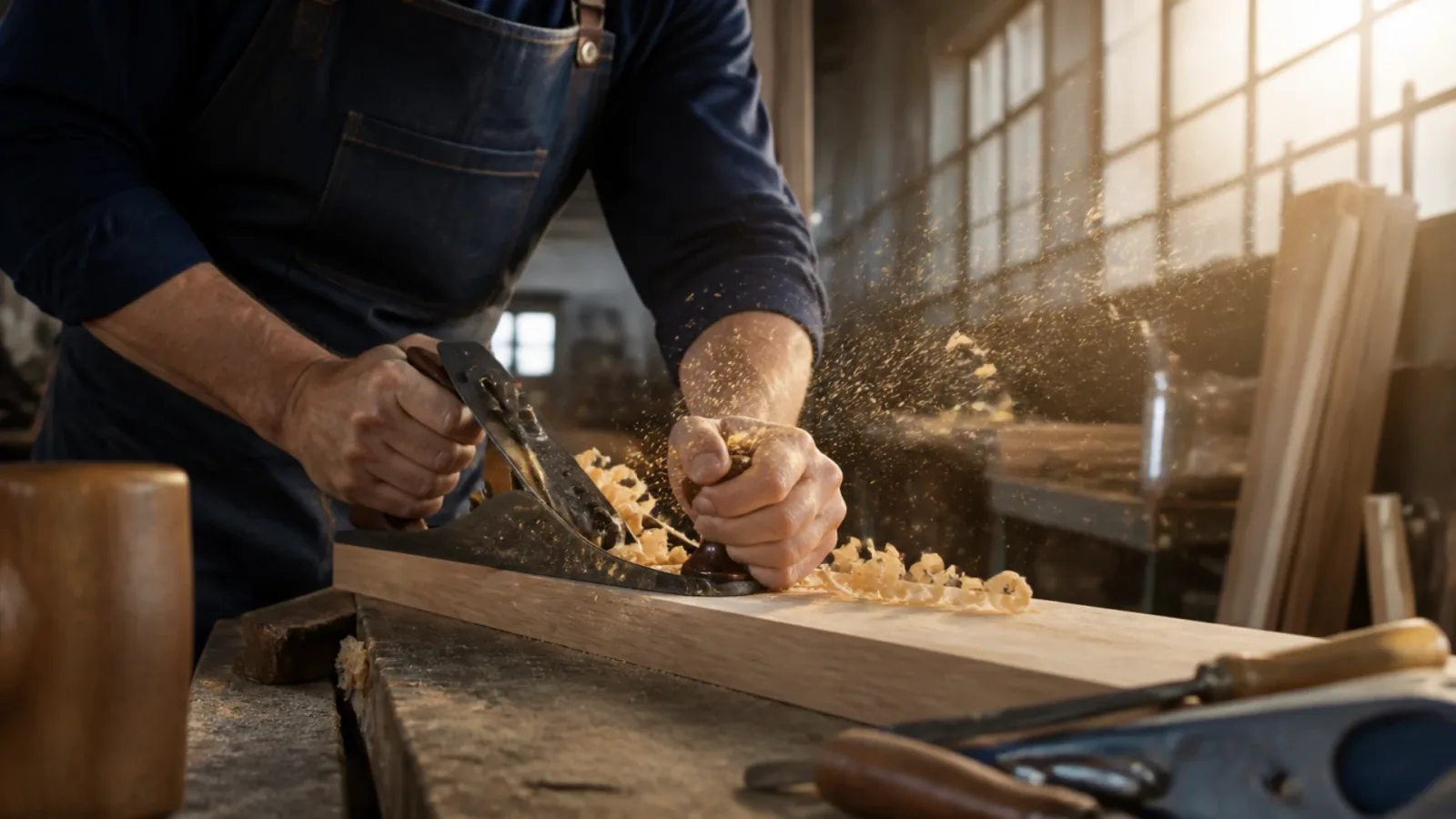 Mains d'un menuisier rabotant une planche à l'établi, savoir-faire transmis lors d'une vente entreprise artisanale