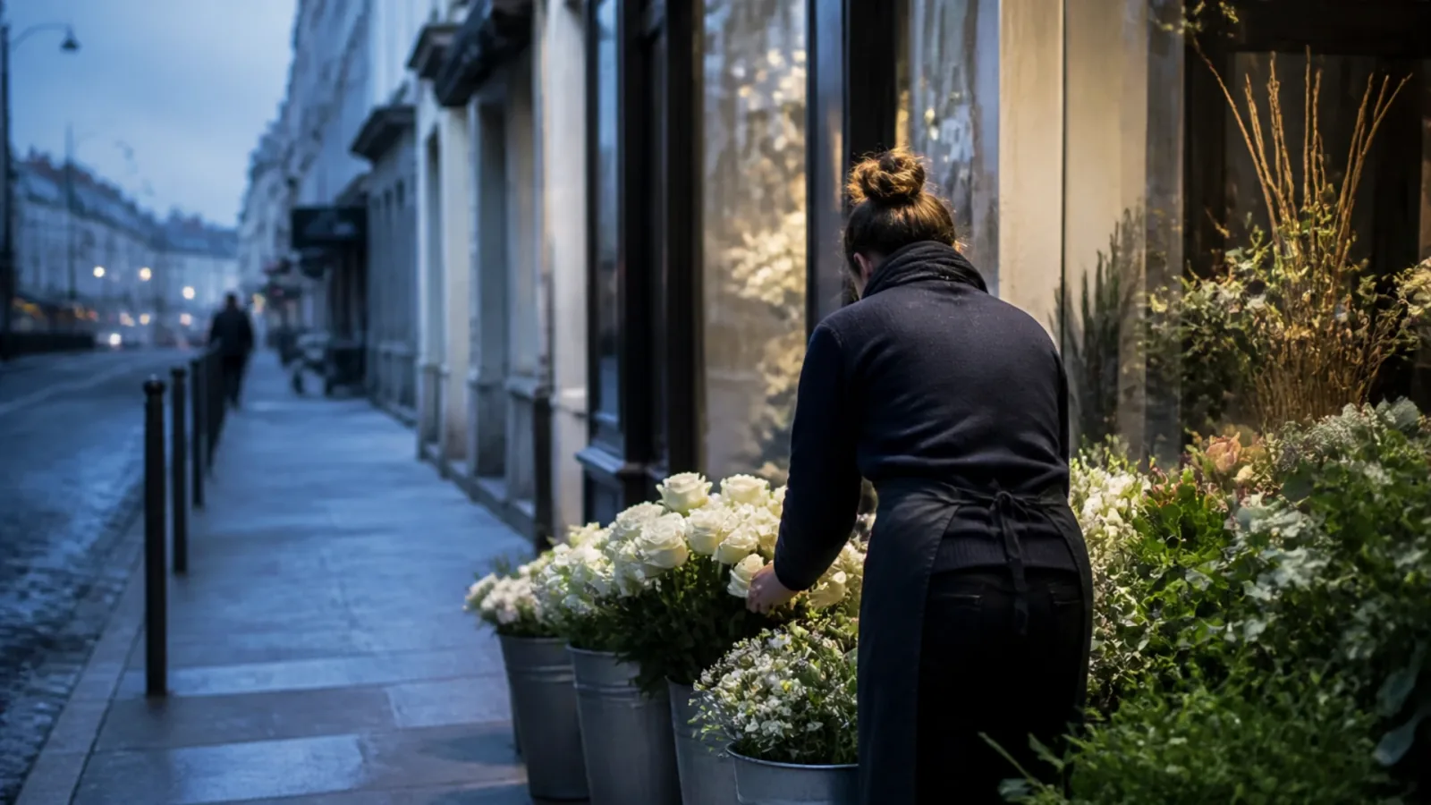 Fleuriste installant son étal à l'aube, commerce concerné par la cession de fonds de commerce par une société soumise à l'IS