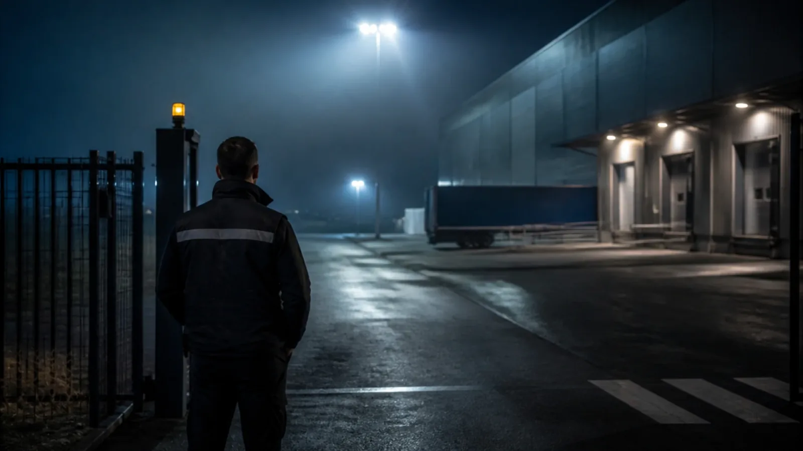 Agent de sécurité de dos à l'entrée d'un site la nuit, activité d'une société de sécurité à vendre